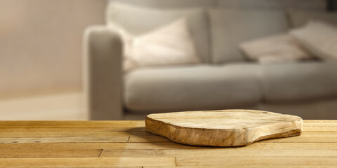 Wooden pedestal of free space for your decoration and sofa in home interior 