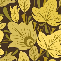 Floral ornament. Seamless pattern. Beautiful cool interlacing of branches and flowers. Illustration in a simple flat symbolic style. Funny rural cartoon design. Country wild herbs. Vector
