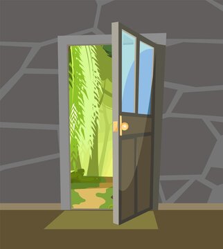Opened door. View from inside from room of house to summer landscape with road in fog. Stone wall. Way is open. Cartoon cute design. Image background. Vector