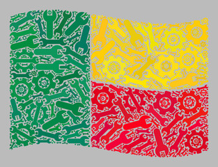 Mosaic waving Benin flag created of spanner items. Vector cog, spanner mosaic waving Benin flag designed for production purposes. Benin flag collage is designed from random mechanic icons.