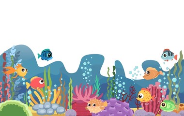 The bottom of the reservoir with fish. Blue water. Sea ocean. Underwater landscape with animals, plants, algae and corals. Illustration in cartoon style. Isolated. Flat design. Vector art