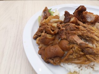 Close-up,thai food:stewed pork leg on rice 
