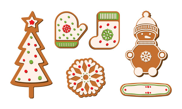 Merry Christmas. Set Gingerbread cookies with New Year picture of tree, mitten, snowman, snowflake. Winter traditional holiday food. Vector illustration