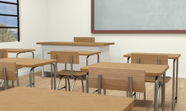 Empty school classroom interior 3d illustration