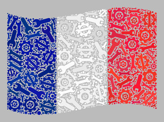 Mosaic waving France flag designed with industrial icons. Vector cog wheel, spanner collage waving France flag combined for development wallpapers.