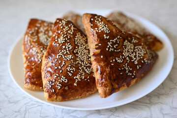 Step by step instructions. Step ten. How to make a puff pastry product with meat at home. Ready-made homemade puff pastry sprinkled with sesame seeds with meat filling on a plate.