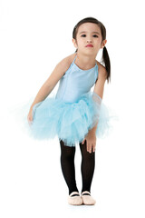 Portrait isolated studio shot of small beautiful Asian kindergarten pigtails ballerina dancer girl...