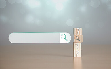 Concept of finding answers. Wooden blocks with question marks and search bar. copy space