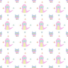 Childish Seamless pattern of cute seal and baby owl cartoon  on white background.Vector isolate flat design for Creative kids texture for fabric, wrapping, textile, wallpaper, apparel,t-shirt or card