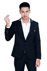 interesting cutout portrait of smart young healthy businessman on black suit confidently standing and raise hand to snap as clicking out pretty right idea to start success