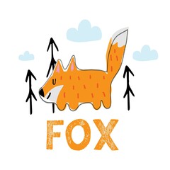 Childrens hand-drawn illustration of a red fox. Illustration of a cute fox and trees. The illustration is suitable for postcards, posters and prints.