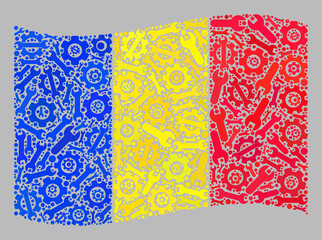 Mosaic waving Romania flag designed of mechanic items. Vector engine, wrench collage waving Romania flag created for production wallpapers.