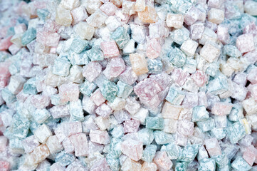 Turkish delight, colorful snacks, candies, catering, treat, lokum stock photo.