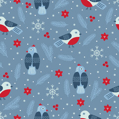 Christmas seamless pattern with bird, snowflakes, fir branch, flower