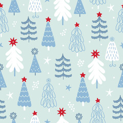 Christmas seamless pattern with fir trees, stars, snowflakes. Scandinavian style
