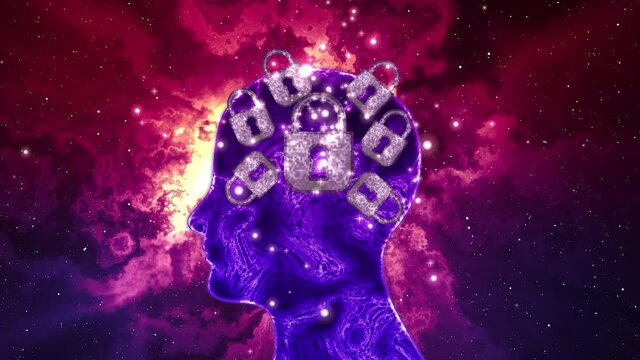 Silhouette of person's head with lock icon in brain area