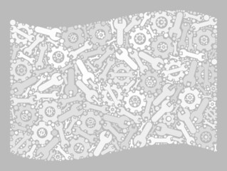 Mosaic waving white flag designed of wrench items. Vector gear, wrench collage waving white flag done for production applications. White flag collage is done of random element items.