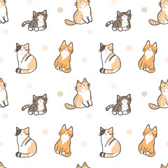Seamless Pattern with Cute Cat Illustration Design on White Background with Pastel Dots