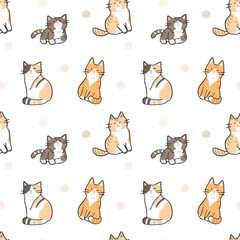 Seamless Pattern with Cute Cat Illustration Design on White Background with Pastel Dots