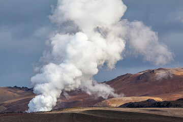 Volcanic landscape with steaming geothermal vent in the north of Iceland