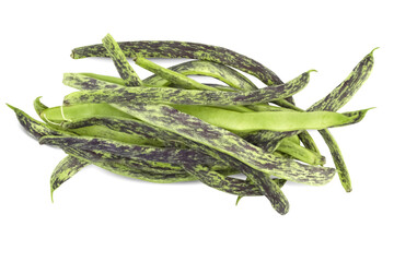 Flat bean pods. Flat green beans with purple splashes isolated on white background.