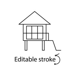 Water bungalow on stilt outline icon. Maldivian house. Exotic vacation. Editable stroke. Isolated vector illustration