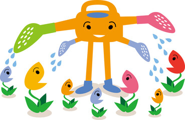 ジョウロくんが花たちにお水をあげてる優しい風景