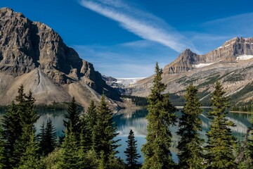 Banff national park, Icefields parkway, Bow lake. Rocky Mountains. beautiful view. high in the mountains of Canada.