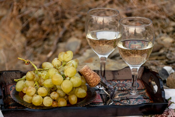 Fototapeta premium Wine glasses and grapes on wooden tray in nature, agricultural, viticultural concept