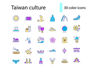 Oriental culture of Taiwan flat icons set. Taiwanese attractions. Asian national tradition. Isolated vector illustration