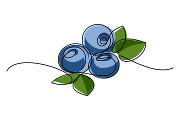 Blueberries in continuous line art drawing style. Group of blueberry fruits with leaves isolated on white background. Vector illustration
