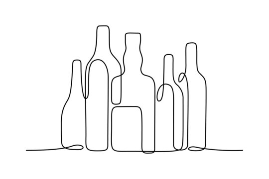 Bottles Of Different Shapes In Continuous Line Art Drawing Style. Alcoholic Drinks Collection. Liquor Store, Bar Or Pub Establishment Minimalist Black Linear Sketch Isolated On White Background