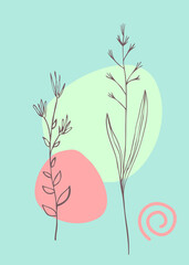 Creative vintage art floral pattern. Herbs on abstract geometric blue background with pastel colors. Vertical design nature template print for textile, poster, packaging, card, cosmetic