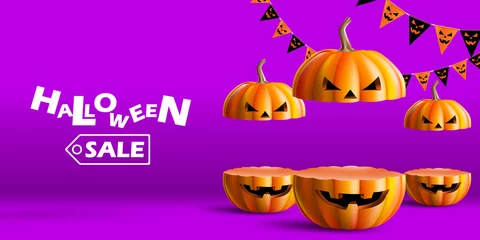 Fototapeten Halloween sale podium for product. Stand show and showcase with halloween concept. Stage With pumpkin for promo and discount © vavectors