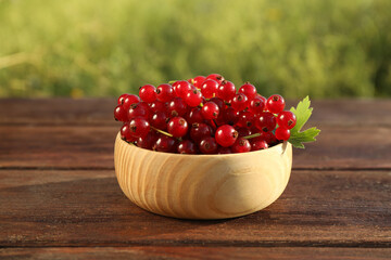 Fresh ripe red currant in bowl on wooden table outdoors