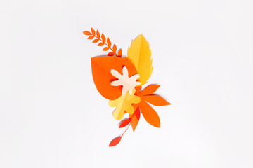 red, orange paper autumn Leaves isolated on white background. Handmade origami.