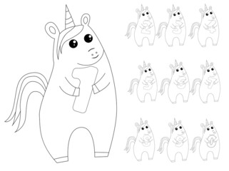 Cute fairy unicorn holding number, coloring book in outline style, simple vector illustration