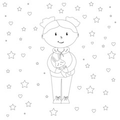 Doll with bunny in a cozy room with a winter mood, coloring page for children, simple vector illustration