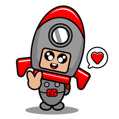 vector cartoon cute space rocket mascot costume character with love chat bubble