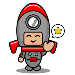 vector cartoon cute space rocket mascot costume character with star chat bubble