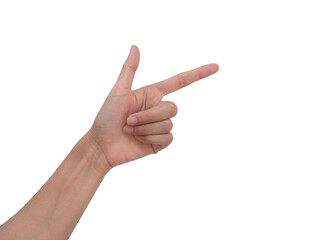 female hand poiting by finger isolated on white background