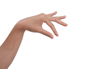 Woman hand making like picking somthing up isolated on white background