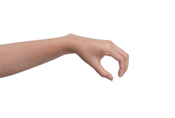 Woman hand keeping something isolated on white background