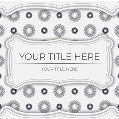 Vector preparation of invitation card with place for your text and vintage patterns. Template for print design postcards in white color with Greek patterns.