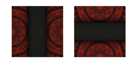 Vector Ready to print postcard design in black red color with abstract patterns. Invitation card template with place for your text and vintage ornaments.