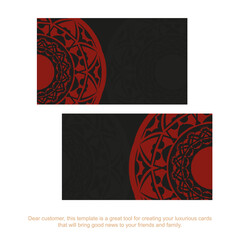 Vector Ready-to-print business card design in black with red patterns. Business card template with place for your text and luxurious ornaments.