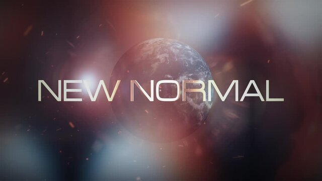 NEW NORMAL  Cinematic Trailer Title Loop. 4K 3D render seamless loop futuristic cinematic title of Golden NEW NORMAL  text with shock wave burst and  World Globe rotating flare light for banner campai