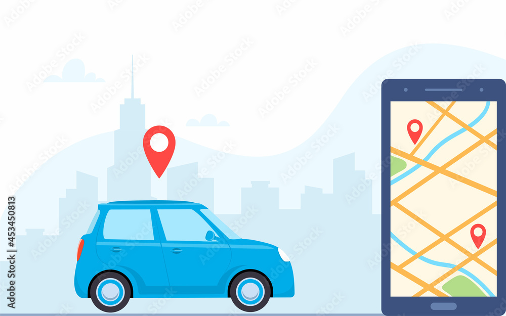Poster smartphone with route and points location on city map on the urban landscape background. online car 