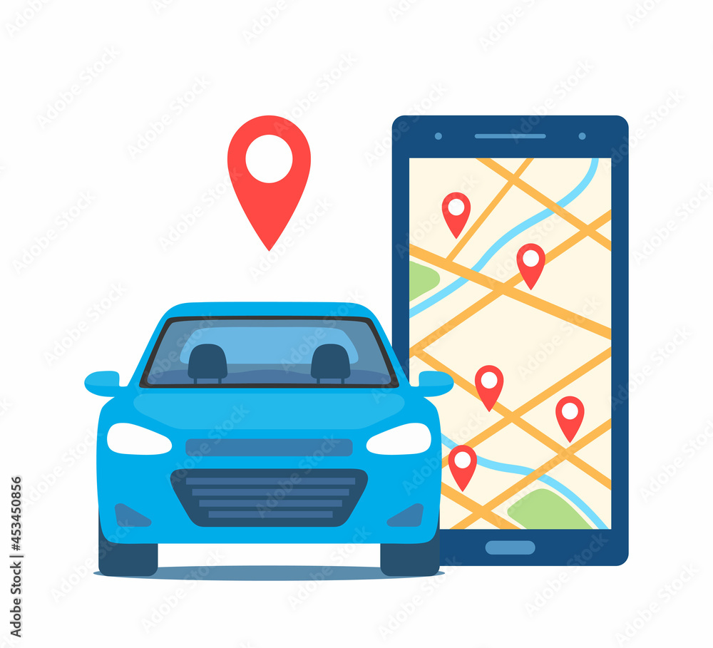 Poster online car sharing service controlled via smartphone app. phone with location marks and smart car. v