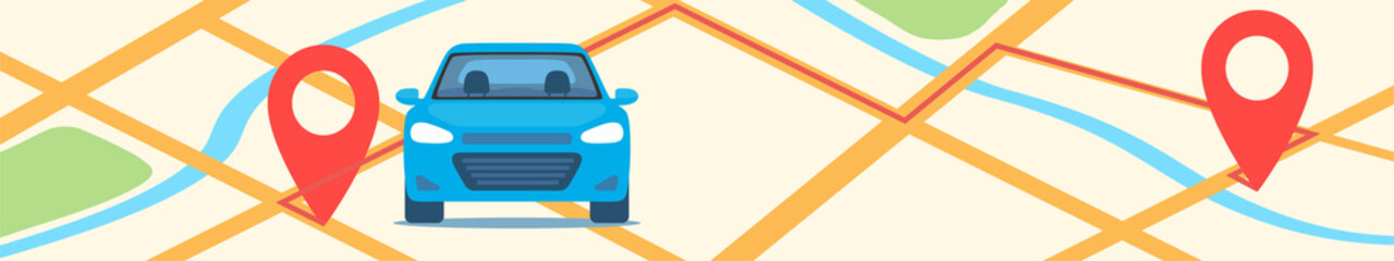 Car on city map with red pins and route between them. Horizontal banner template. GPS navigator or car sharing concept illustration, vector.